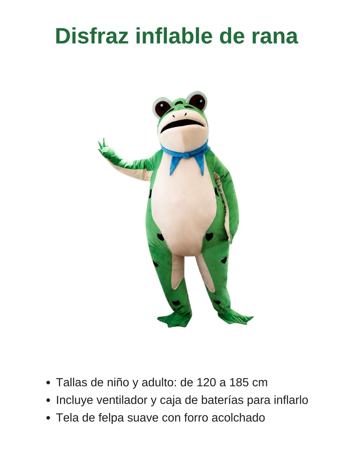 Disfraz inflable de rana verde con pañuelo azul, tallas de niño y adulto, incluye ventilador