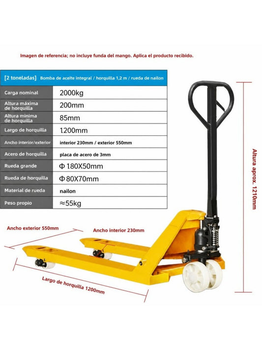 Transpaleta manual hidráulica de 2 toneladas con ficha técnica en español: carga 2000 kg, horquilla de 1200 mm y ruedas de nailon