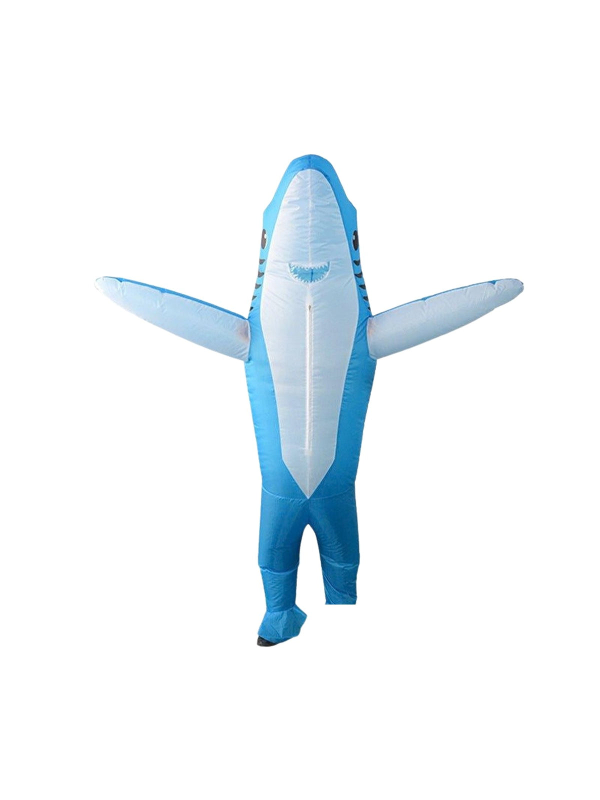Disfraz de tiburón inflable azul y blanco para adulto, vista frontal en fondo blanco