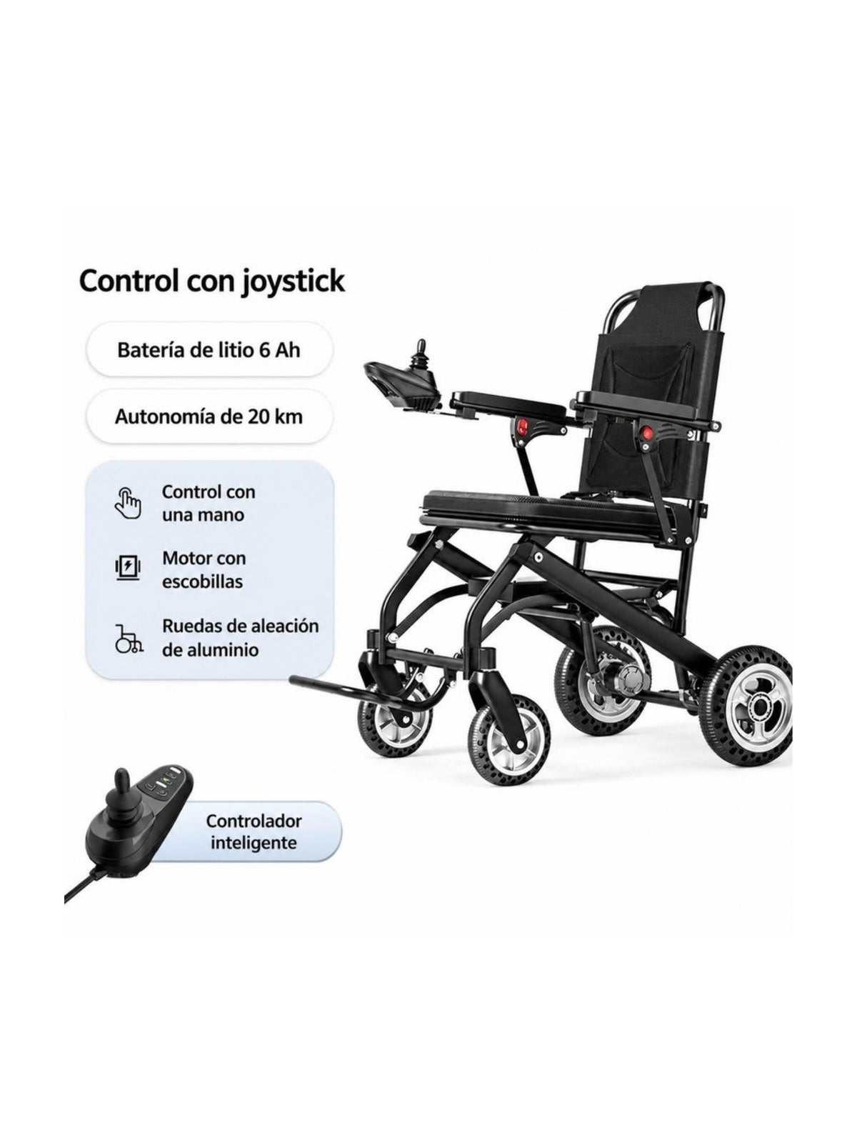 Silla de ruedas eléctrica ultraligera de 9,8 kg con control de joystick, batería de litio de 6 Ah y autonomía de 20 km