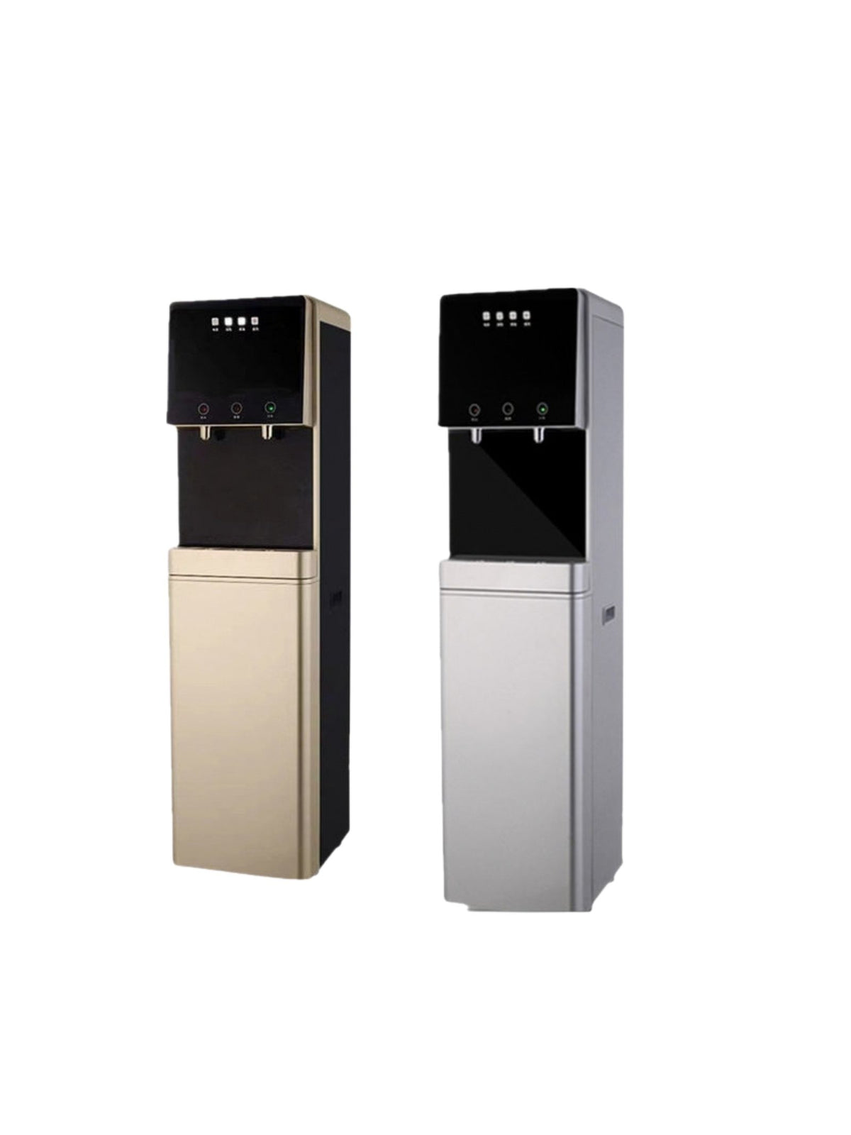 Dispensadores de agua verticales con ósmosis inversa en dorado y plateado, agua fría y caliente, en fondo blanco