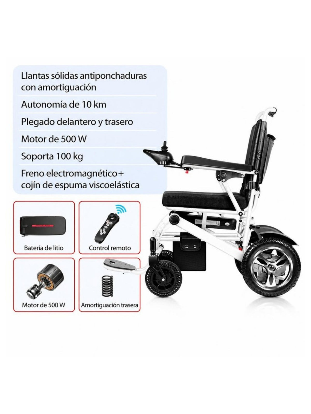 Silla de ruedas eléctrica plegable de 23 kg: llantas sólidas, autonomía de 10 km, motor de 500 W y soporta 100 kg