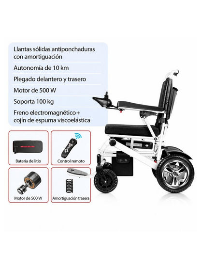 Silla de ruedas eléctrica plegable de 23 kg: llantas sólidas, autonomía de 10 km, motor de 500 W y soporta 100 kg