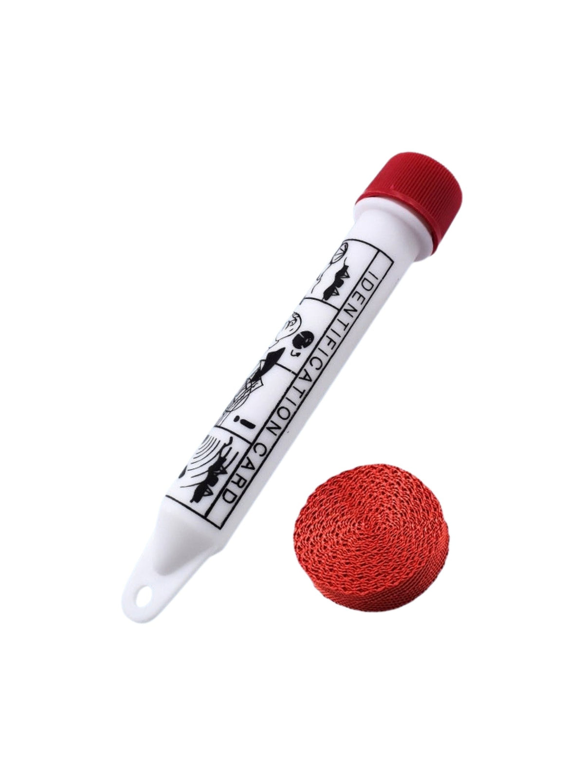 Tubo de identificación blanco con tapa roja para balsa salvavidas junto a su cuerda roja enrollada, en fondo blanco