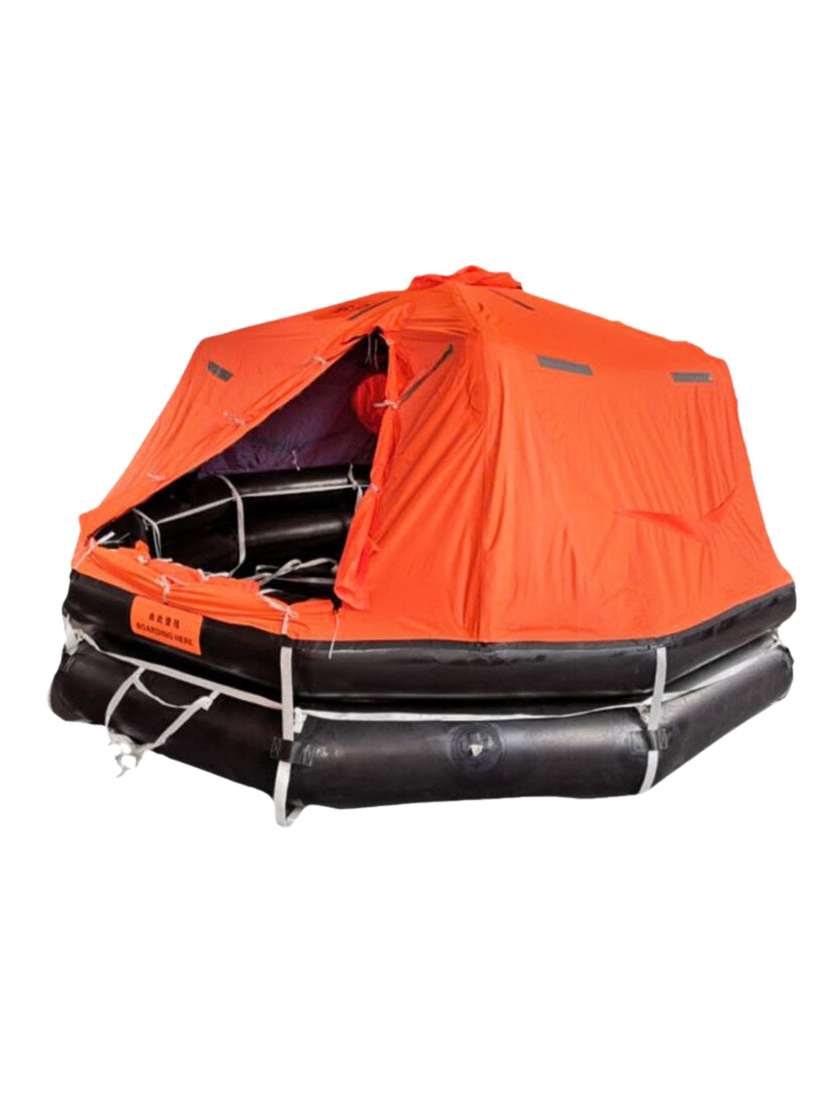 Balsa salvavidas marina inflable autoportante naranja con toldo y cámaras de flotación negras, en fondo blanco