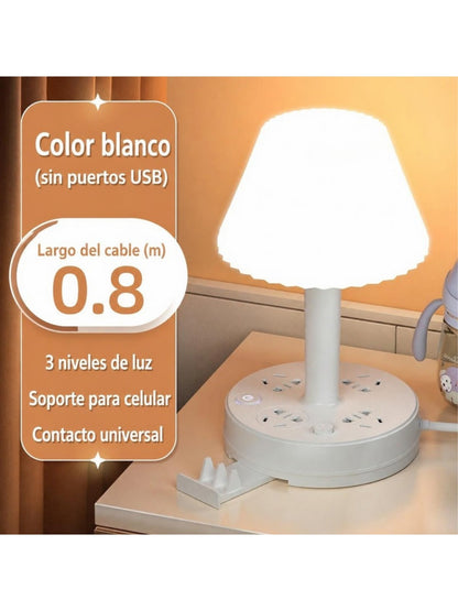 Lámpara de escritorio multifunción color blanco con base de contactos, soporte para celular y 3 niveles de luz