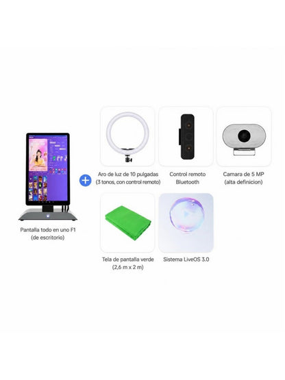 Kit de transmisión en vivo: pantalla todo en uno F1, aro de luz, control remoto, cámara y pantalla verde