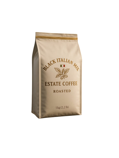Bolsa de café en grano mezcla italiana Black Italian Mix de 1 kg, en fondo blanco