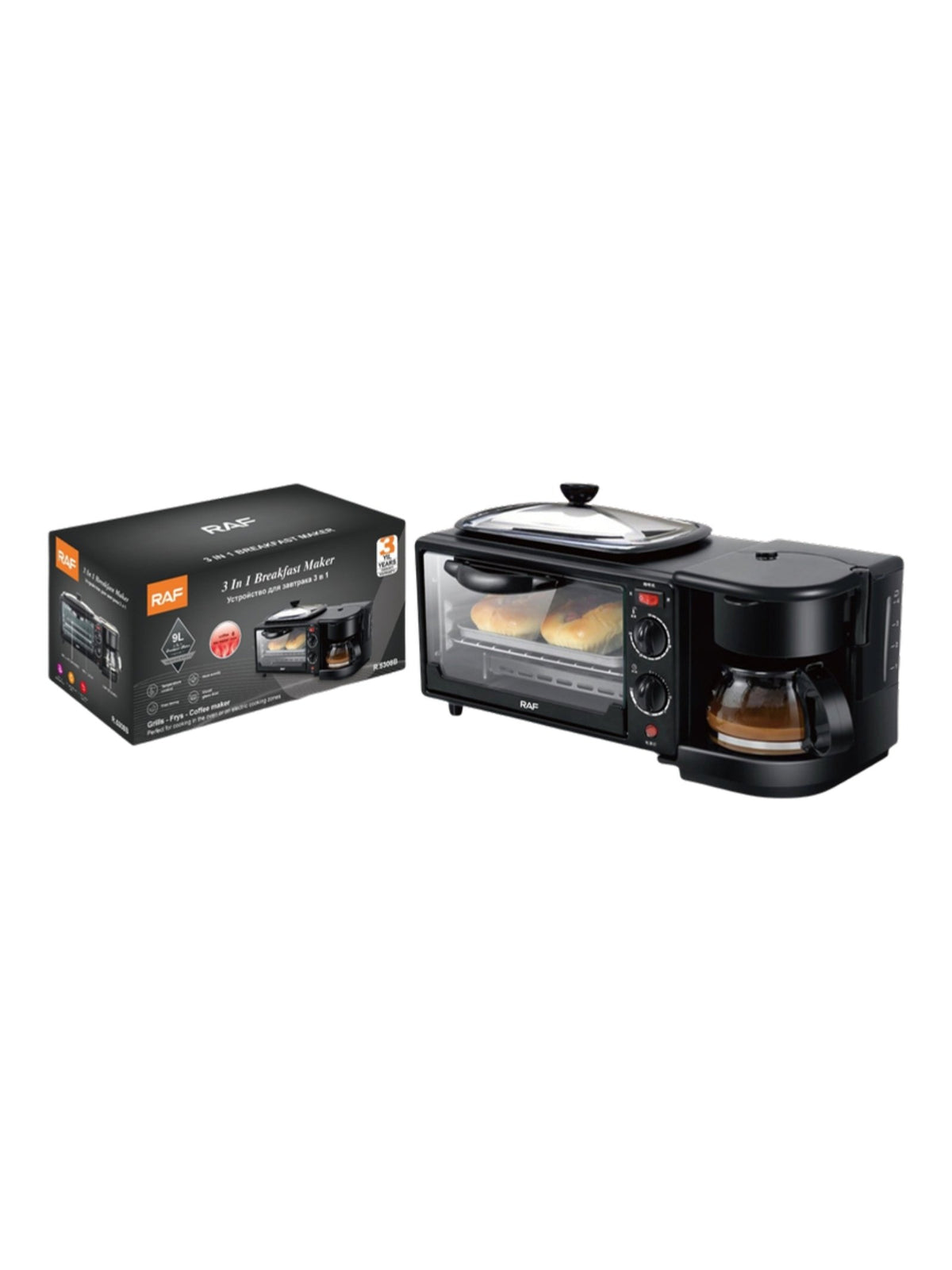 Estación de desayuno 3 en 1 con cafetera, horno tostador y plancha, junto a su caja, en fondo blanco