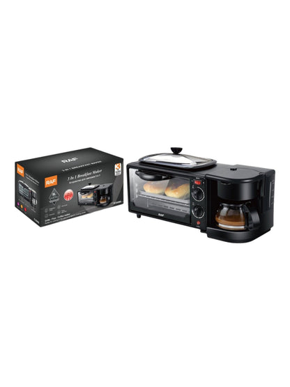 Estación de desayuno 3 en 1 con cafetera, horno tostador y plancha, junto a su caja, en fondo blanco