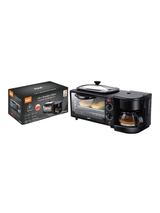 Estación de desayuno 3 en 1 con cafetera, horno tostador y plancha, junto a su caja, en fondo blanco