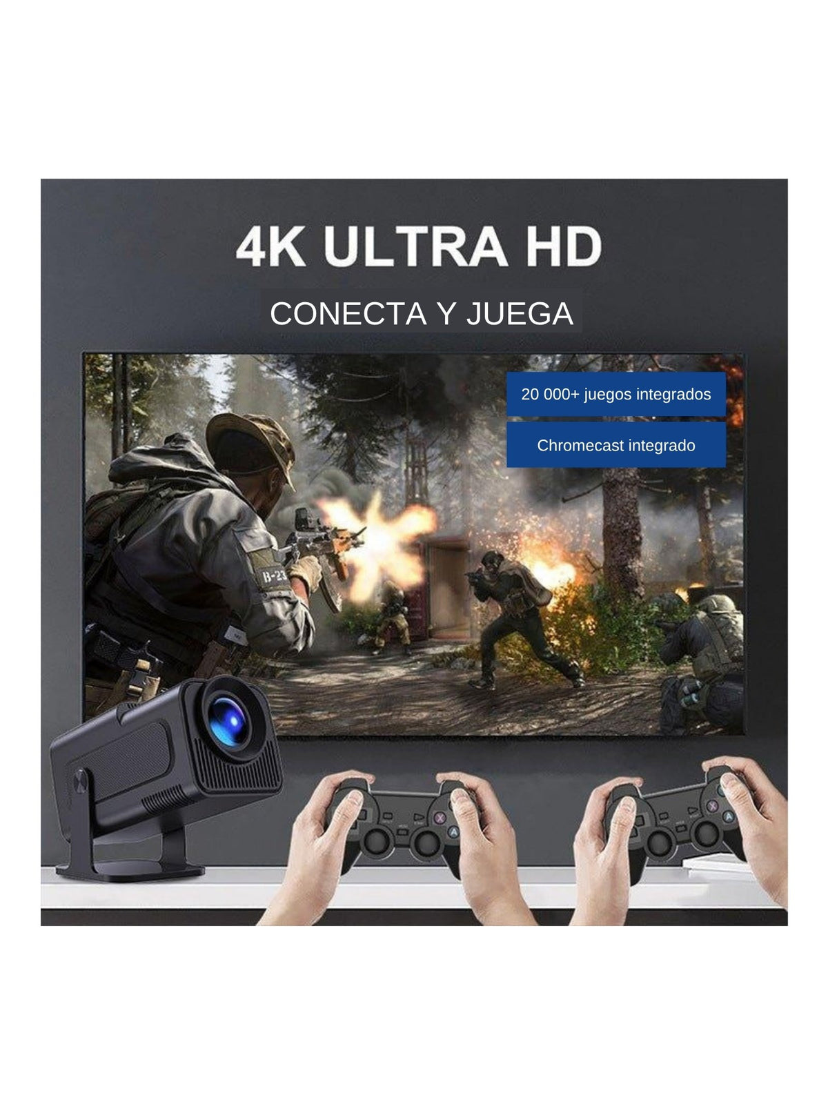 Proyector portátil con videojuegos retro conectado a la pantalla, con dos controles inalámbricos; 4K Ultra HD, conecta y juega, más de 20 000 juegos y Chromecast integrado