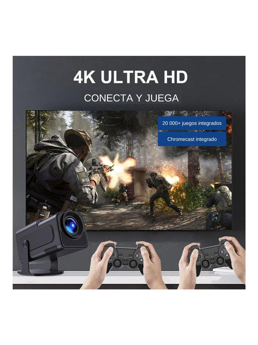 Proyector portátil con videojuegos retro conectado a la pantalla, con dos controles inalámbricos; 4K Ultra HD, conecta y juega, más de 20 000 juegos y Chromecast integrado
