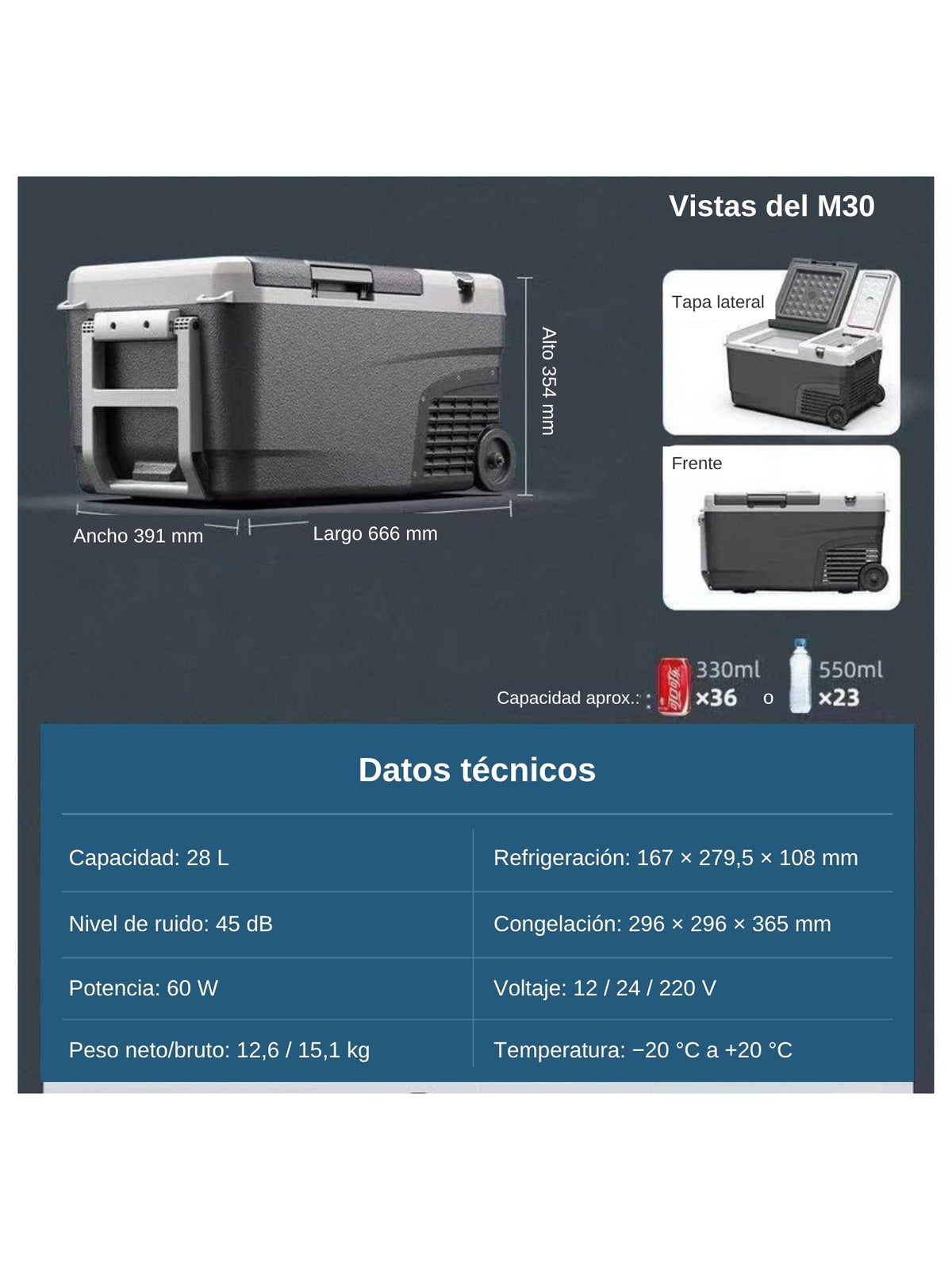 Nevera portátil con compresor de doble compartimento, vistas y ficha técnica en español: 28 L, 60 W, 12/24/220 V, de −20 °C a +20 °C, medidas 666 × 391 × 354 mm