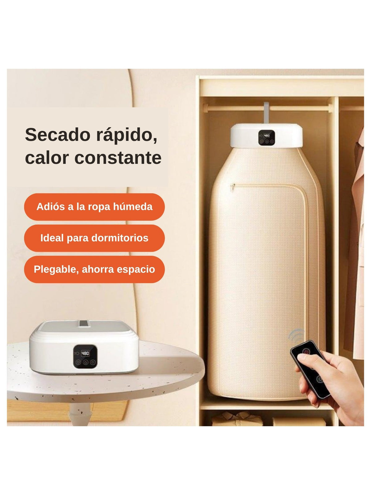 Secadora de ropa colgante con funda plegable dentro de un clóset y control remoto; secado rápido a calor constante, ideal para dormitorios y plegable
