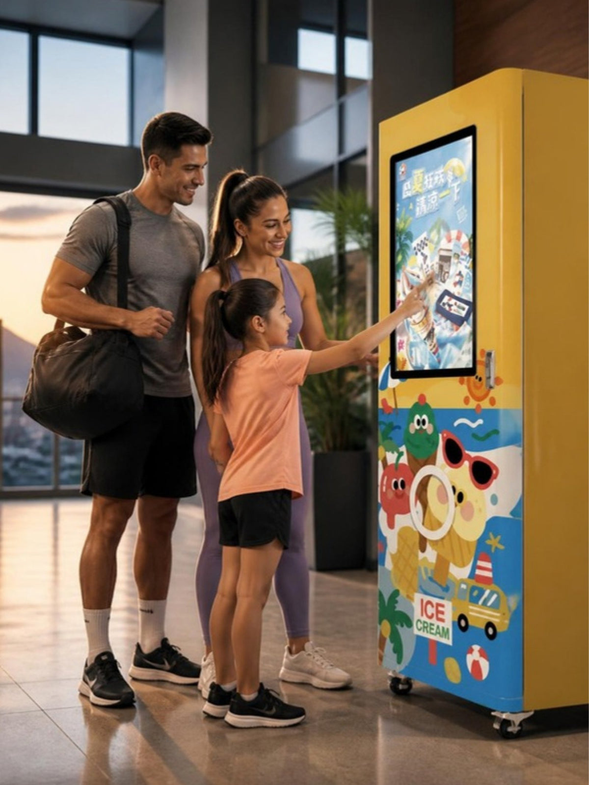 Máquina expendedora de helados congelados en el lobby de un club deportivo en Monterrey, familia eligiendo paletas en la pantalla táctil después de entrenar