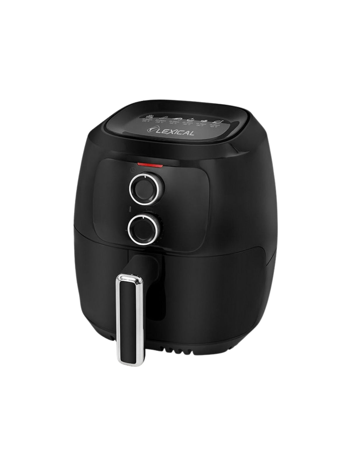Freidora de aire de 4,5 L negra con perillas de temperatura y temporizador, en fondo blanco