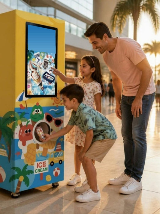 Máquina expendedora de helados congelados en un centro comercial, padre e hijos eligiendo paletas en la pantalla