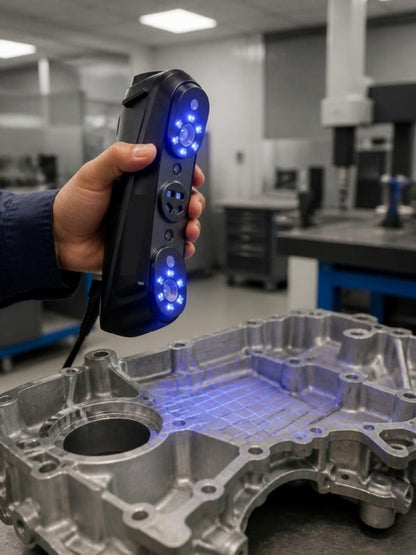 Escáner 3D de mano con luces azules escaneando una pieza de motor de aluminio en un taller