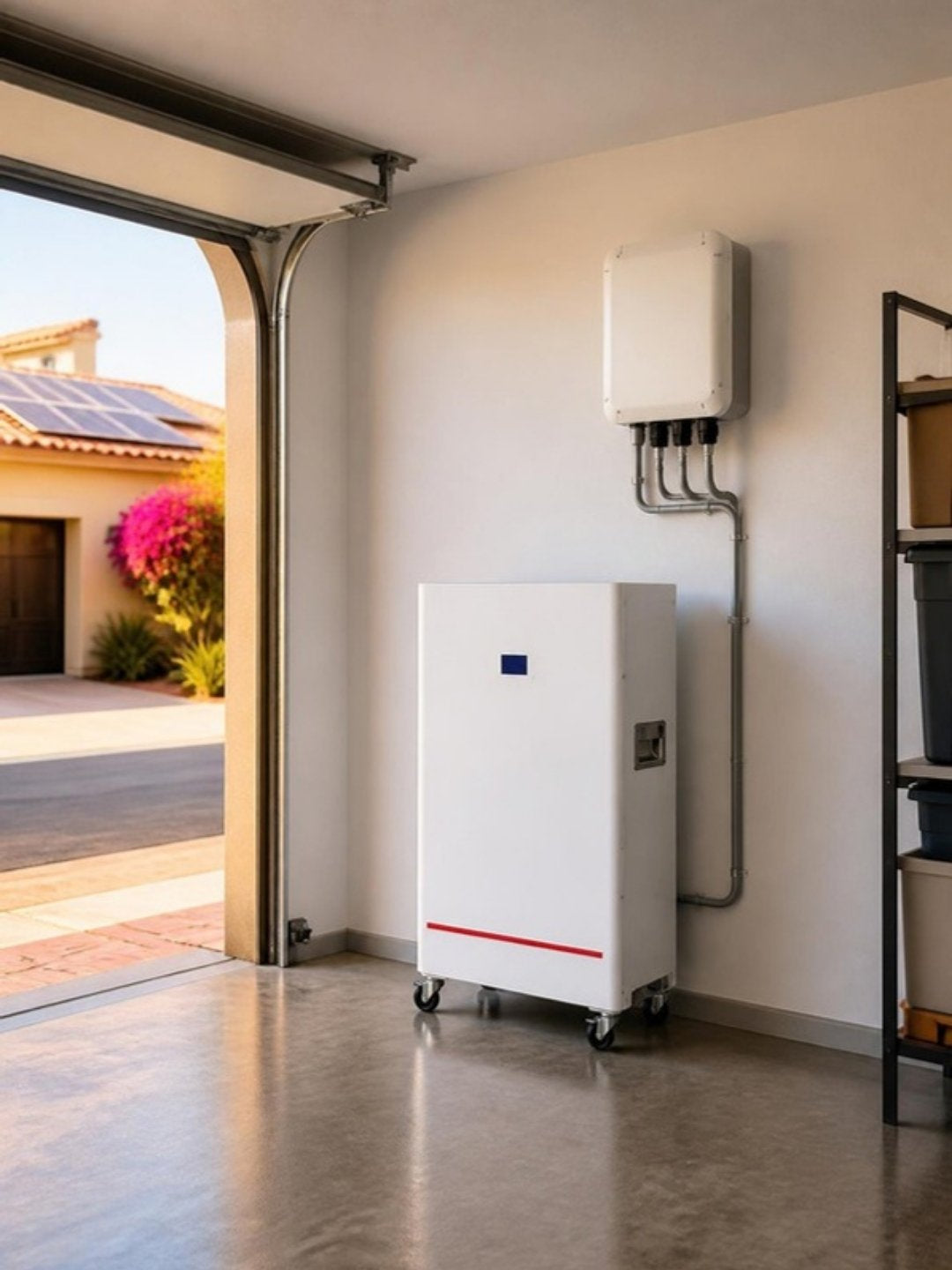 Batería de litio de 15 kWh en gabinete blanco con ruedas en la cochera de una casa con paneles solares