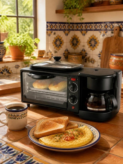 Estación de desayuno 3 en 1 negra con cafetera, horno tostador y plancha sobre una barra en una cocina mexicana luminosa con café, pan tostado y omelette