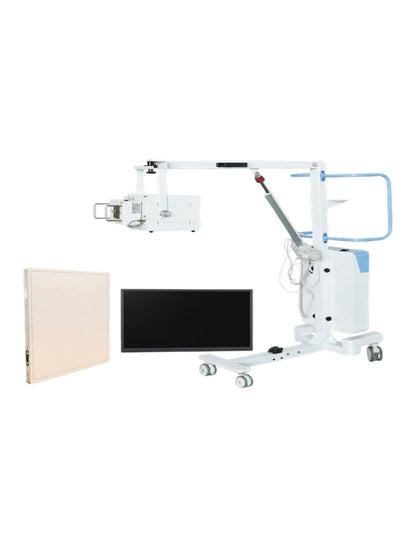 Equipo de rayos X digital DR con soporte móvil, detector de panel plano y monitor, en fondo blanco