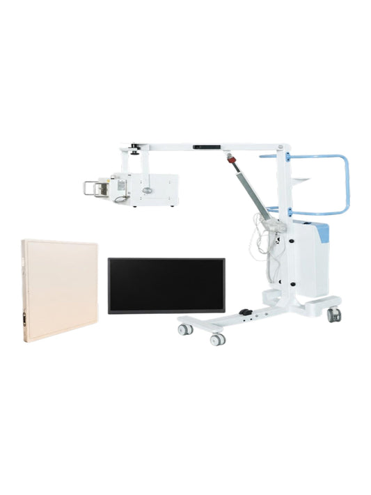 Equipo de rayos X digital DR con soporte móvil, detector de panel plano y monitor, en fondo blanco