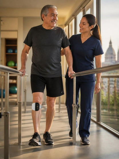 Dispositivo de estimulación eléctrica para pie caído usado por un paciente en una clínica de rehabilitación