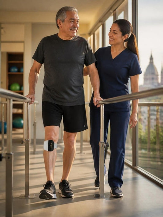 Dispositivo de estimulación eléctrica para pie caído usado por un paciente en una clínica de rehabilitación