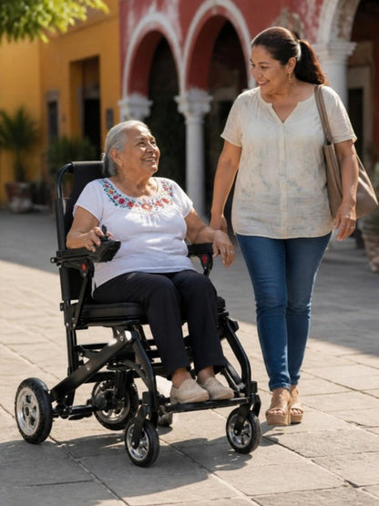 Señora mexicana en silla de ruedas eléctrica ultraligera de 9,8 kg plegable, acompañada por su hija en una plaza