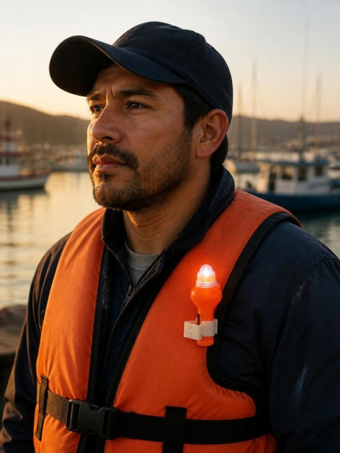 Luz salvavidas LED encendida en el chaleco salvavidas de un marinero en una marina de Ensenada al atardecer