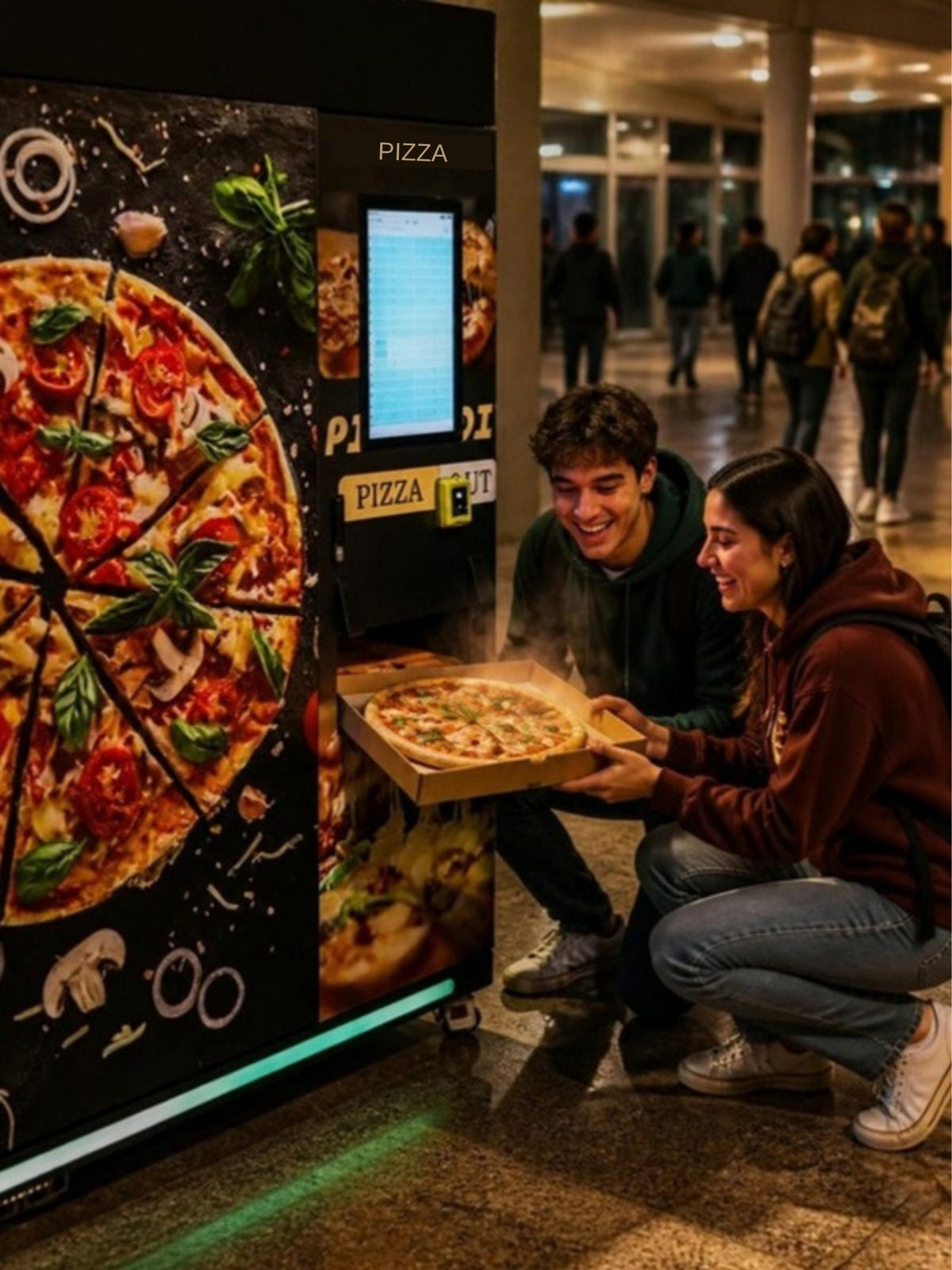 Máquina expendedora de pizza en un pasillo universitario, estudiantes recibiendo una pizza caliente