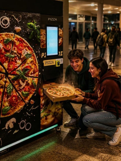 Máquina expendedora de pizza en un pasillo universitario, estudiantes recibiendo una pizza caliente