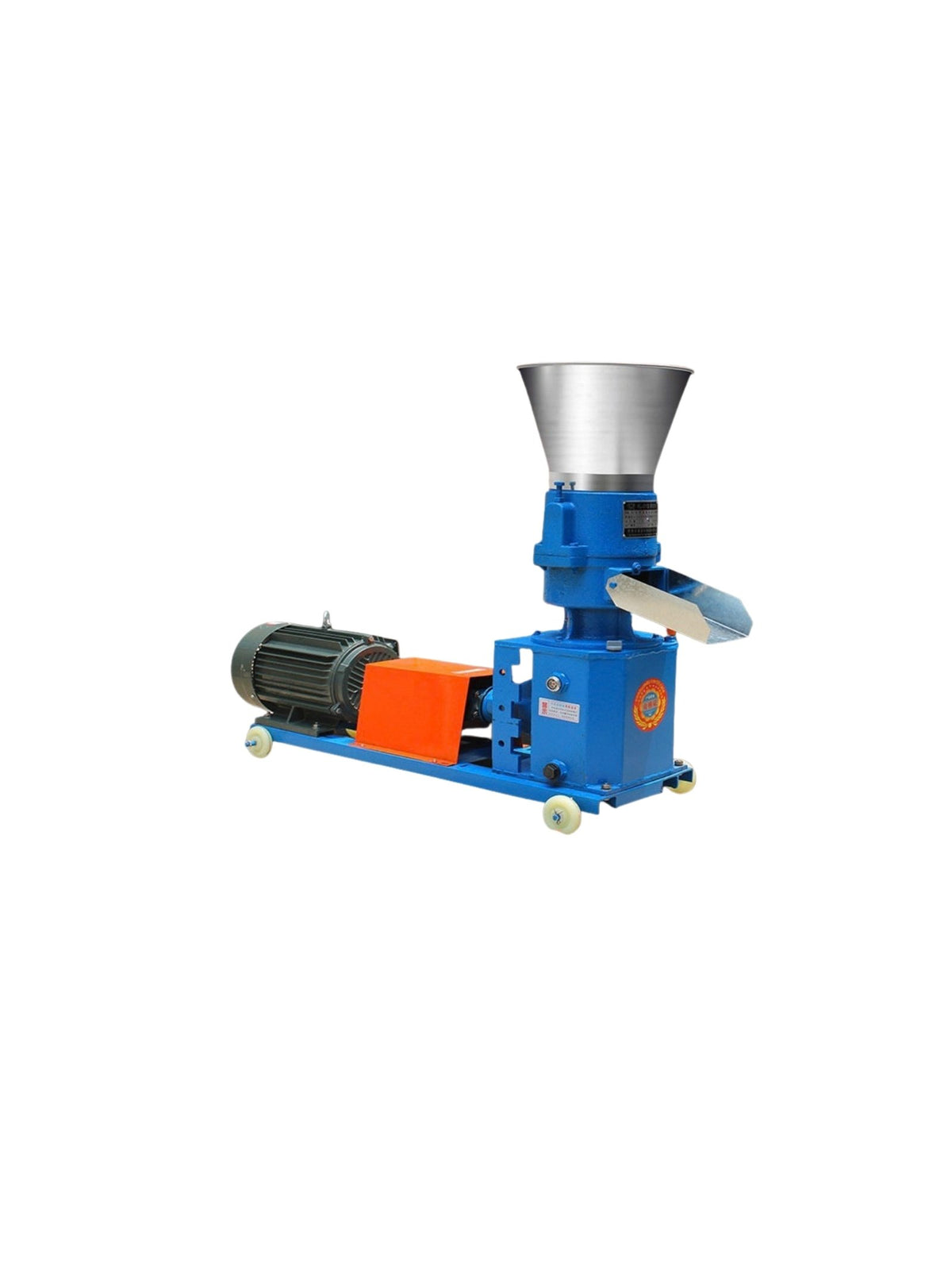 Peletizadora multifuncional para alimento animal con motor eléctrico y tolva de acero inoxidable, en fondo blanco