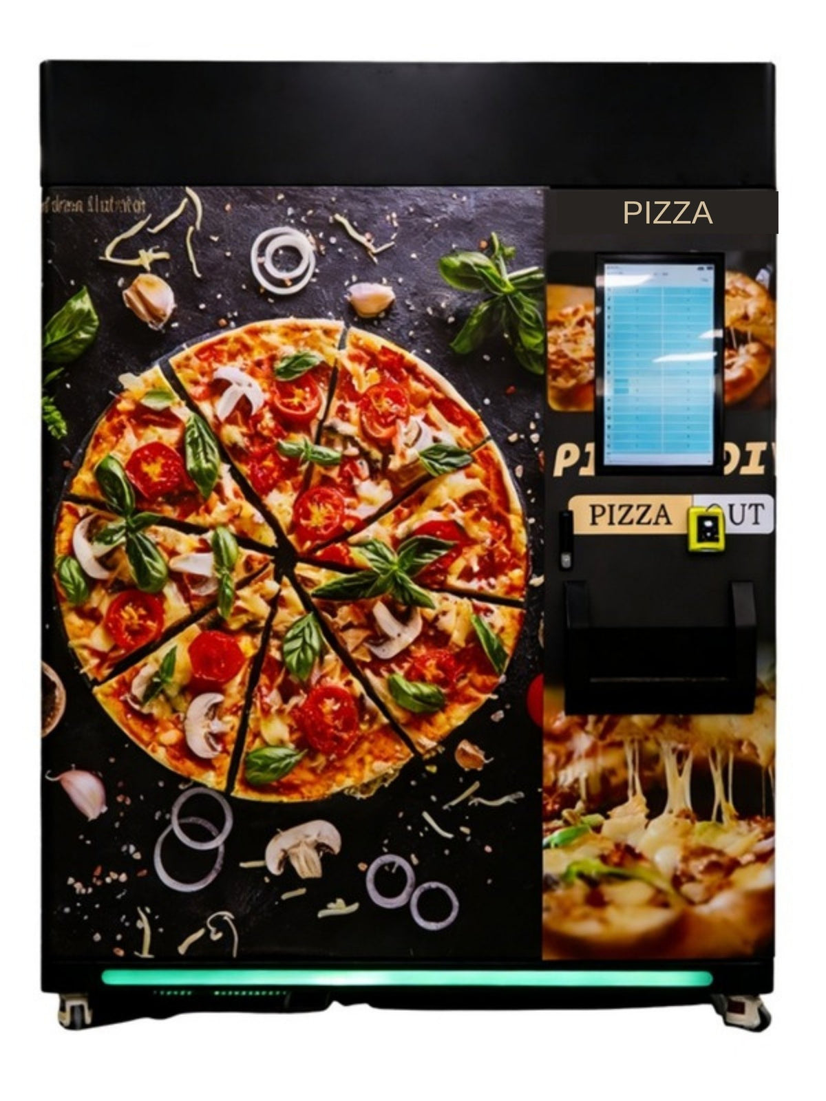 Máquina expendedora de pizza con horno rápido, vista frontal sobre fondo blanco