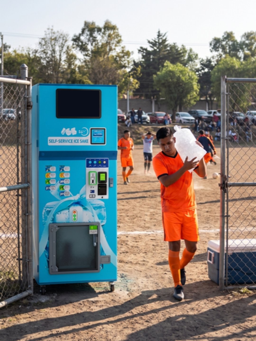 Futbolista lleva una bolsa de hielo de la máquina de hielo 160 kg/día junto a la cancha