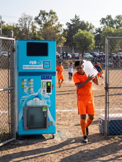 Futbolista lleva una bolsa de hielo de la máquina de hielo 160 kg/día junto a la cancha