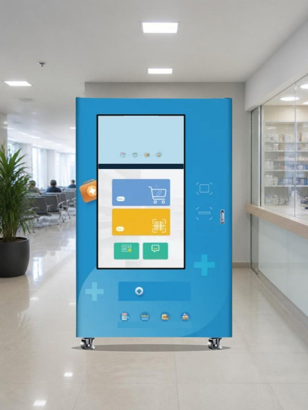 Máquina expendedora de medicamentos 252 SKU con pantalla de 55 pulgadas en el vestíbulo techado de un hospital junto a la farmacia