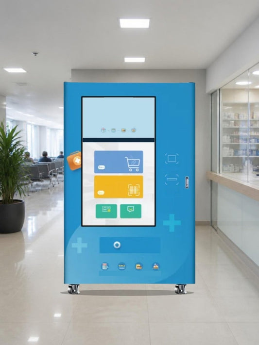 Máquina expendedora de medicamentos 252 SKU con pantalla de 55 pulgadas en el vestíbulo techado de un hospital junto a la farmacia
