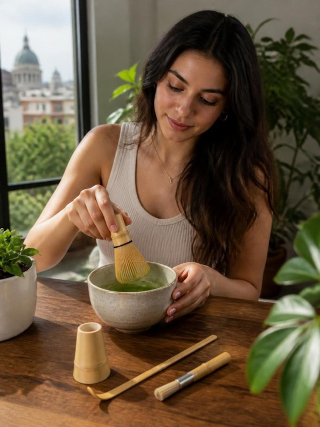 Kit de matcha ceremonial con batidor de bambú en una mesa de madera, mujer preparando matcha