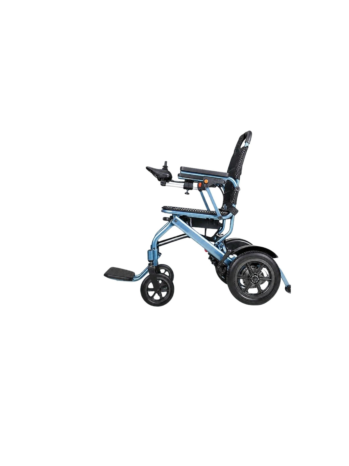 Silla de ruedas eléctrica plegable con batería de litio, chasis de aluminio azul y control de joystick, en fondo blanco