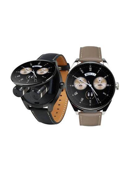 Reloj inteligente HUAWEI WATCH Buds con audífonos integrados, en correa negra y en correa de piel café, en fondo blanco