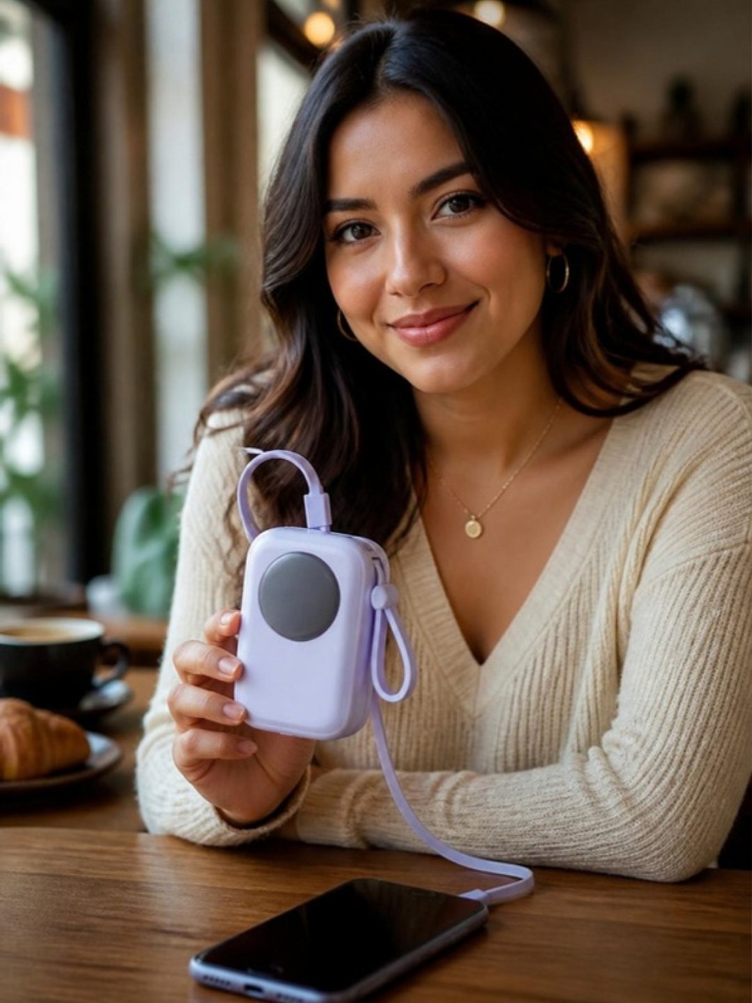 Power bank lavanda de carga rápida en la mano de una joven que carga su celular en un café