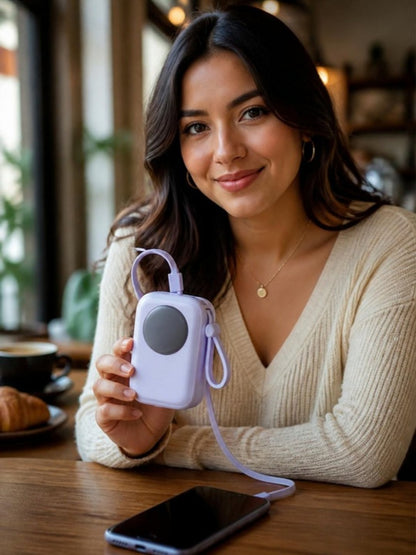 Power bank lavanda de carga rápida en la mano de una joven que carga su celular en un café