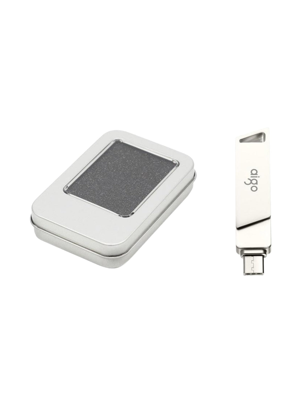 Memoria USB 3.2 doble puerto USB-A y USB-C de metal plateado con su estuche metálico, en fondo blanco