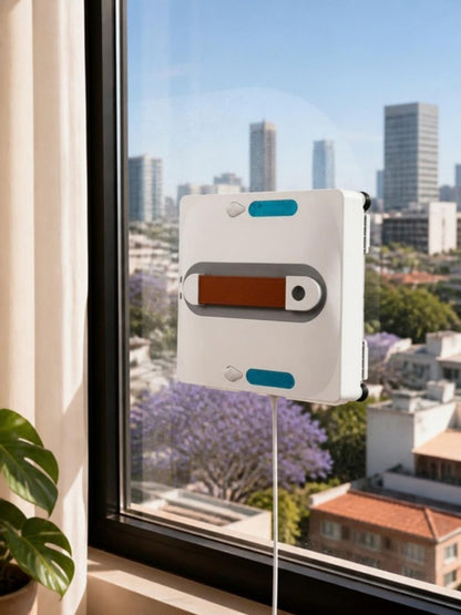 Robot limpiaventanas Oksen blanco con asa de piel limpiando el ventanal de un departamento con vista a la ciudad