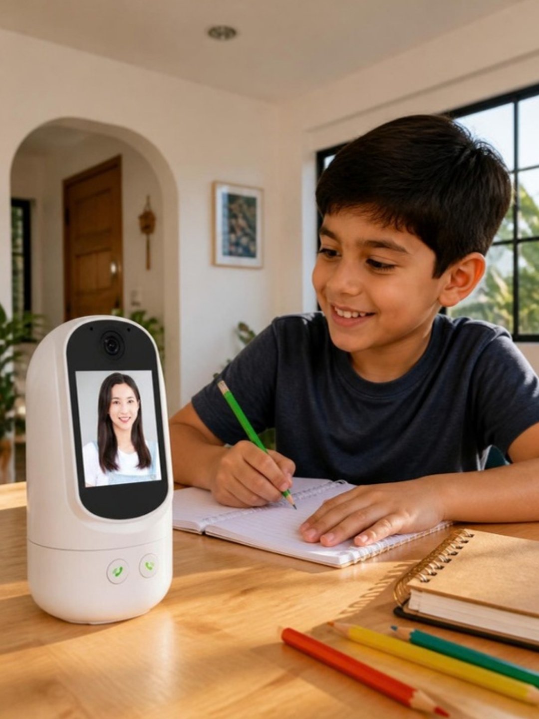 Cámara de monitoreo con videollamada junto a un niño haciendo la tarea