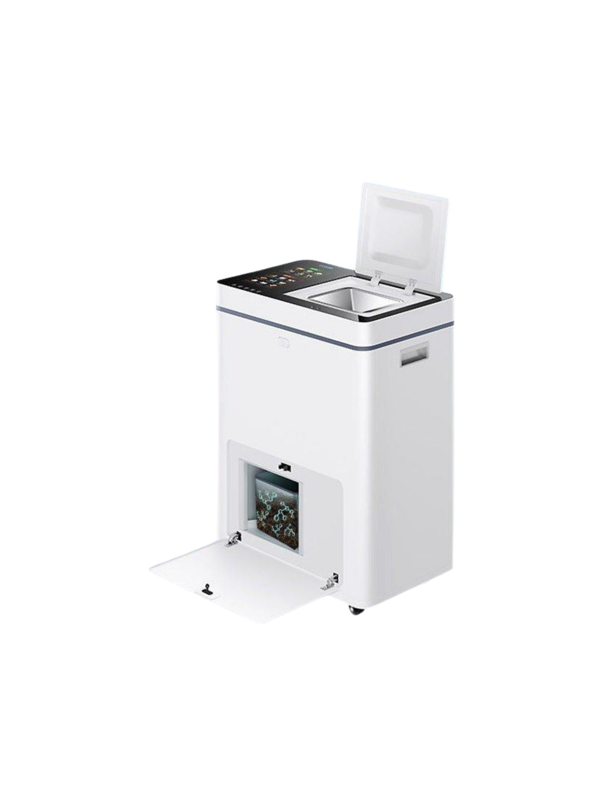 Triturador y compostador de residuos de cocina doméstico con tapa de apertura por inducción y puerta frontal para el abono, en fondo blanco