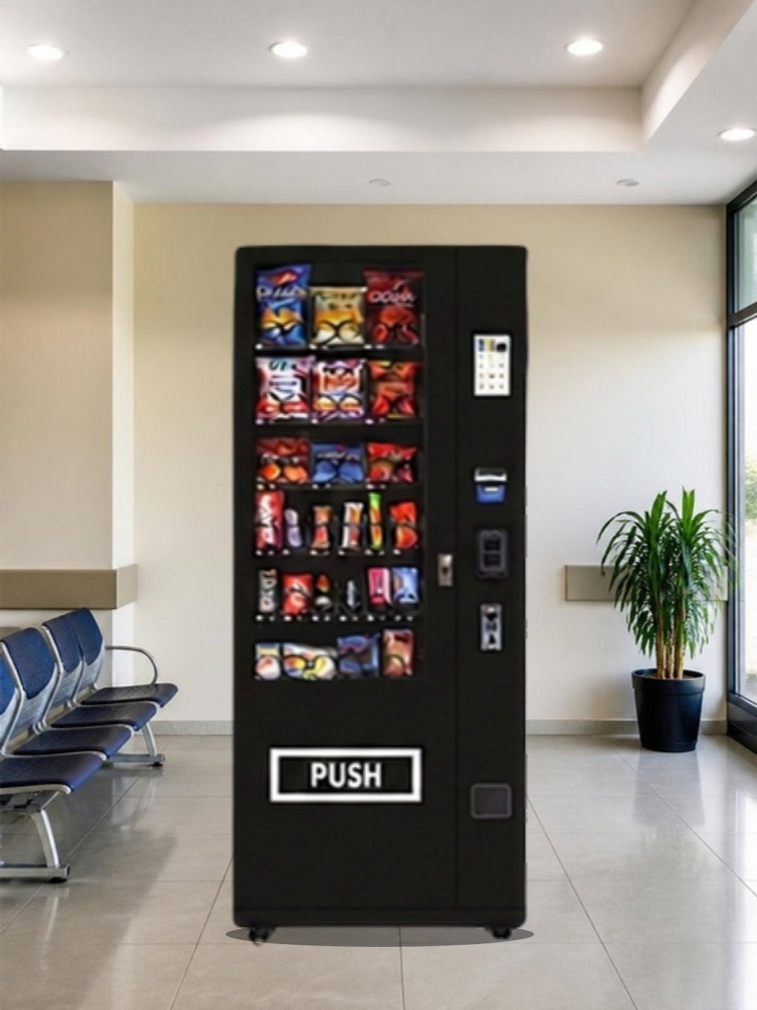 Máquina expendedora de snacks de 36 canales con pantalla táctil en la sala de espera techada de un hospital