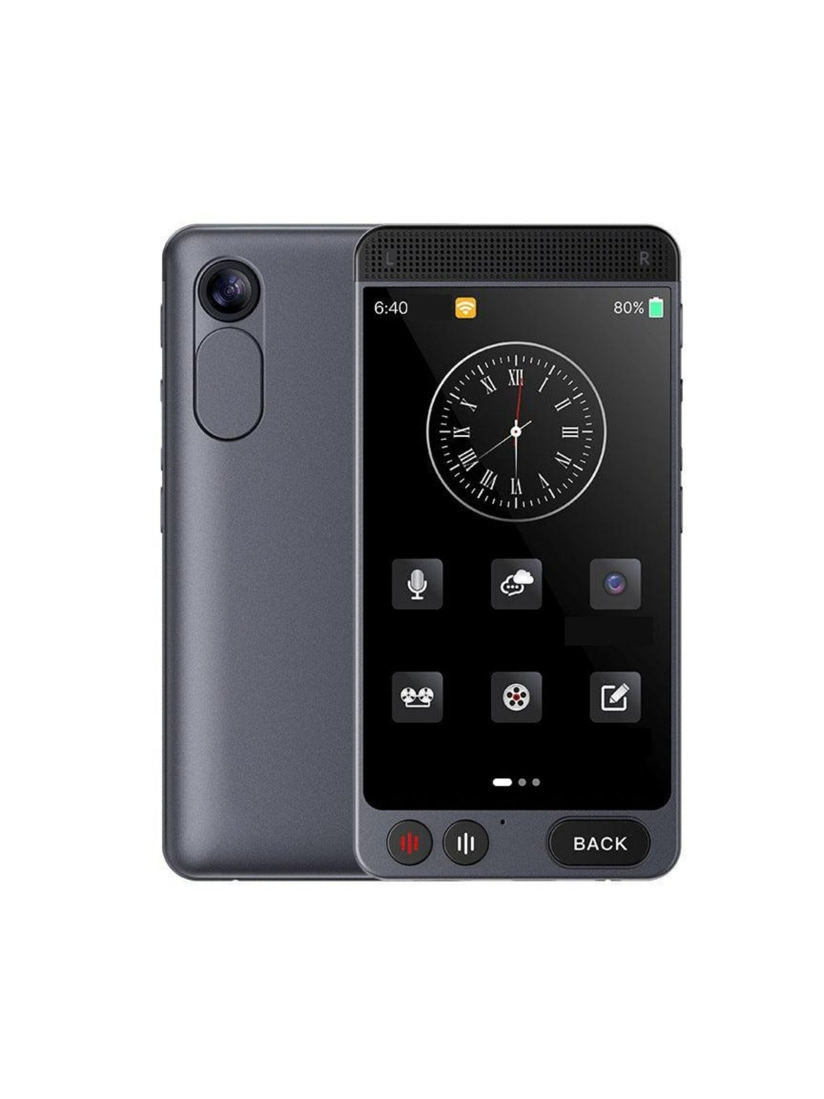 Traductor de voz de 130 idiomas color gris con pantalla táctil, en fondo blanco